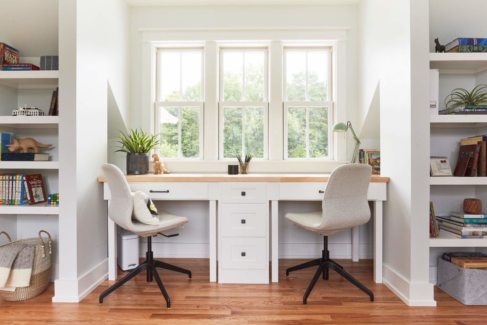 Rockville - Kids' study room - study space and mid-sized cottage gender-neutral medium tone wood floor and brown floor kids' study room idea in Richmond with white walls