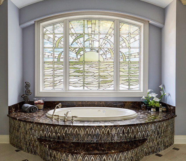 Soaking Tub with Stained Glass Window Above Bathroom Chicago by