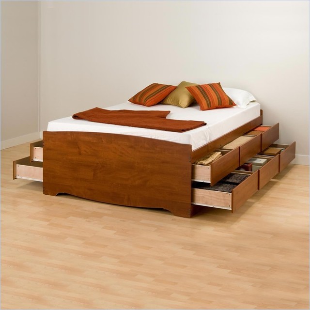Prepac Monterey Cherry Tall Full Wood Platform Storage Bed 4 Piece Bedroom Set