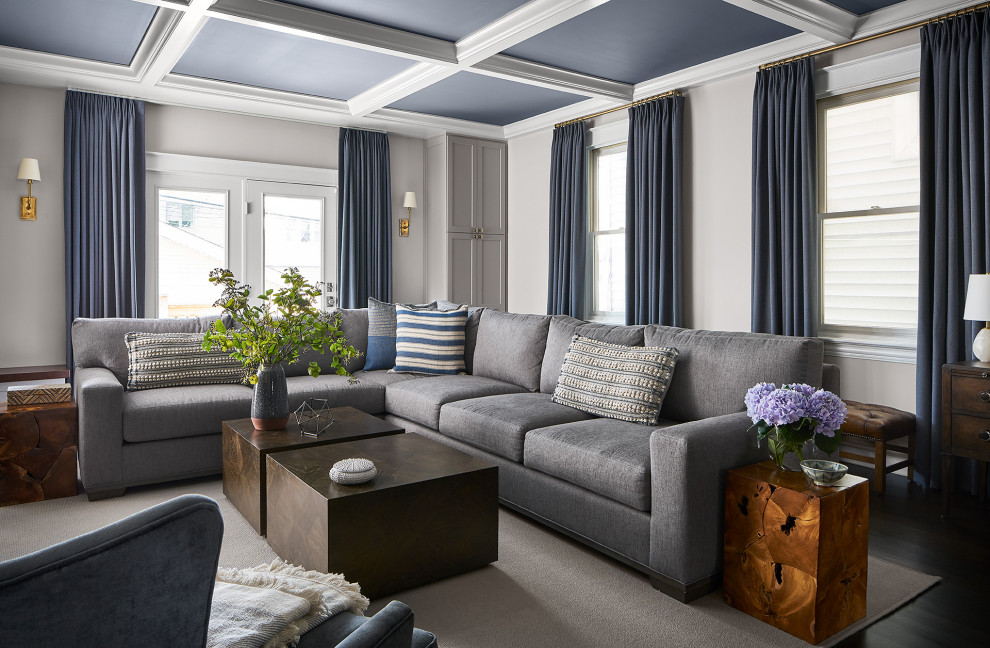 Inspiration for a transitional formal living room in Chicago with grey walls and dark hardwood floors.