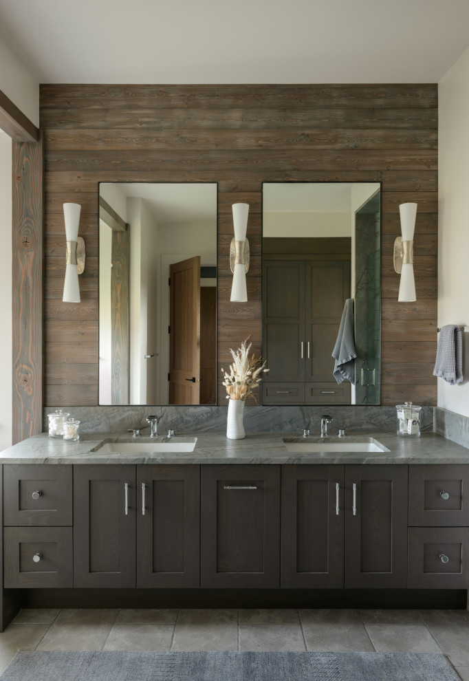 Inspiration for a country master bathroom in Other with shaker cabinets, limestone floors, an undermount sink, quartzite benchtops, grey benchtops, a double vanity and a built-in vanity.
