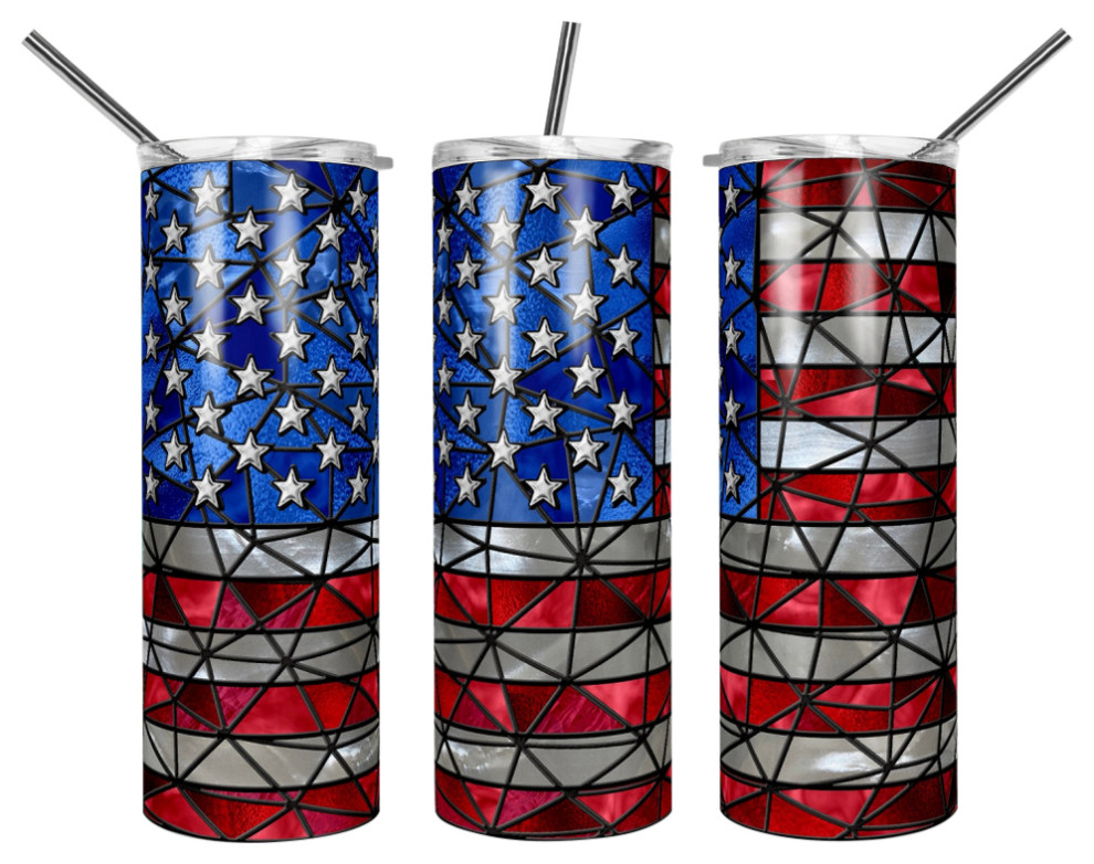 All American USA Flag StainedGlass Look 20 Oz Skinny Metal Tumbler w