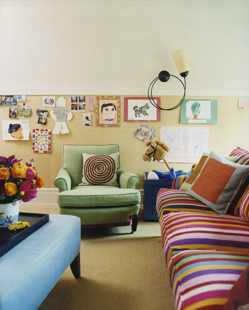 Design ideas for a transitional gender-neutral kids' playroom for kids 4-10 years old in New York with multi-coloured walls, carpet and beige floor.