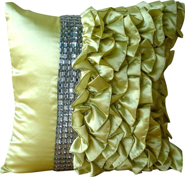 Green Decorative Pillow Covers Satin Diamonds Ruffles