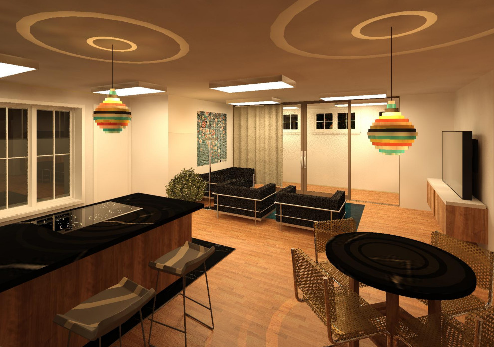 Esempio di una taverna minimalista seminterrata di medie dimensioni con pareti bianche, pavimento in compensato e pavimento marrone