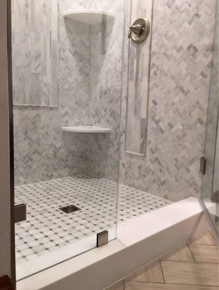 Large transitional master gray tile, white tile and marble tile porcelain tile and beige floor alcove shower photo with multicolored walls and a hinged shower door