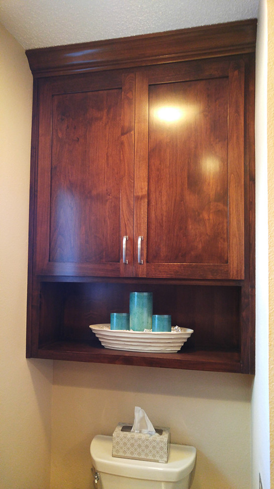 Example of a mid-sized transitional 3/4 beige tile and ceramic tile ceramic tile alcove bathtub design with shaker cabinets, dark wood cabinets, a two-piece toilet, white walls, an integrated sink and quartz countertops