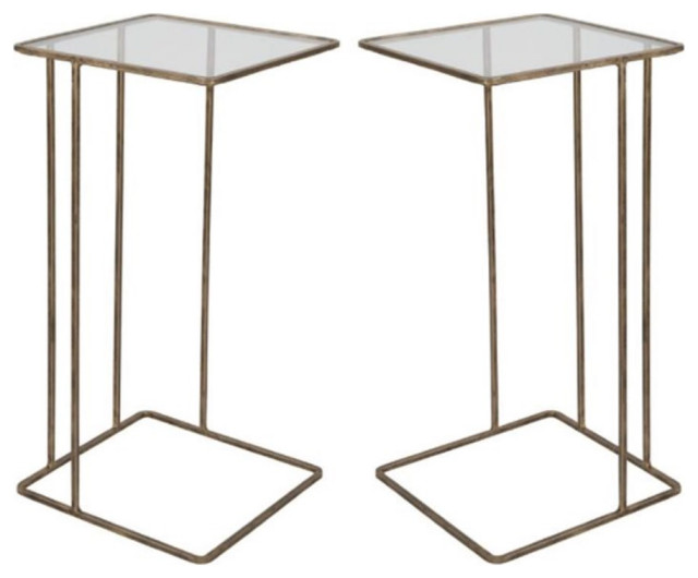 Home Square Iron and Glass Side Table in Antique Gold Set of 2