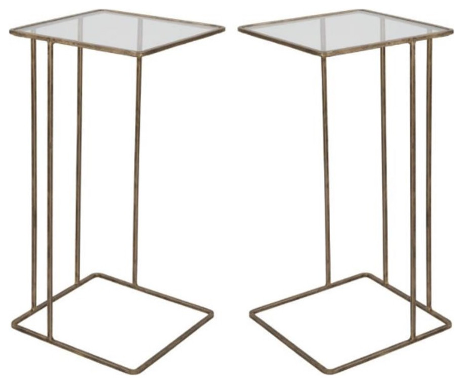 Home Square Iron and Glass Side Table in Antique Gold Set of 2 Contemporary Side Tables