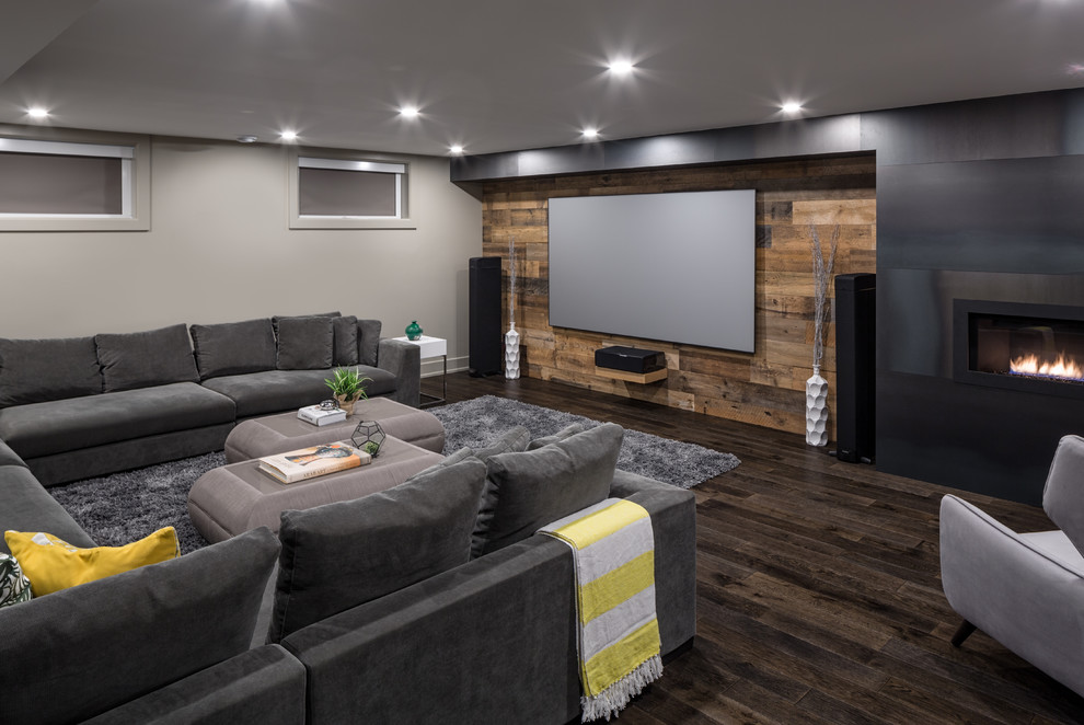 Contemporary basement in Ottawa with brown floor.
