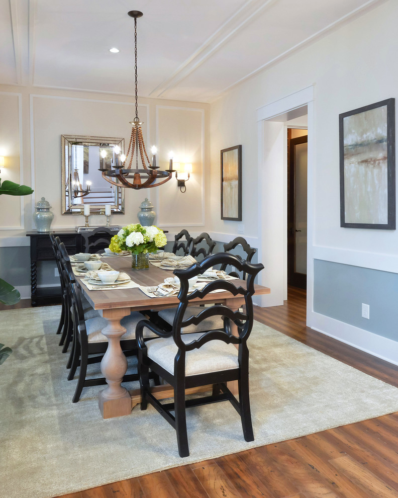 Design ideas for a traditional separate dining room in Charleston with beige walls and dark hardwood floors.