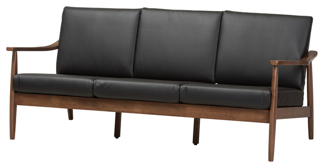 Venza Mid Century Modern Walnut Wood Black Faux Leather 3 Seater Sofa Venza Mid Century Modern Walnut Wood Black Faux Leather 3 Seater Sofa