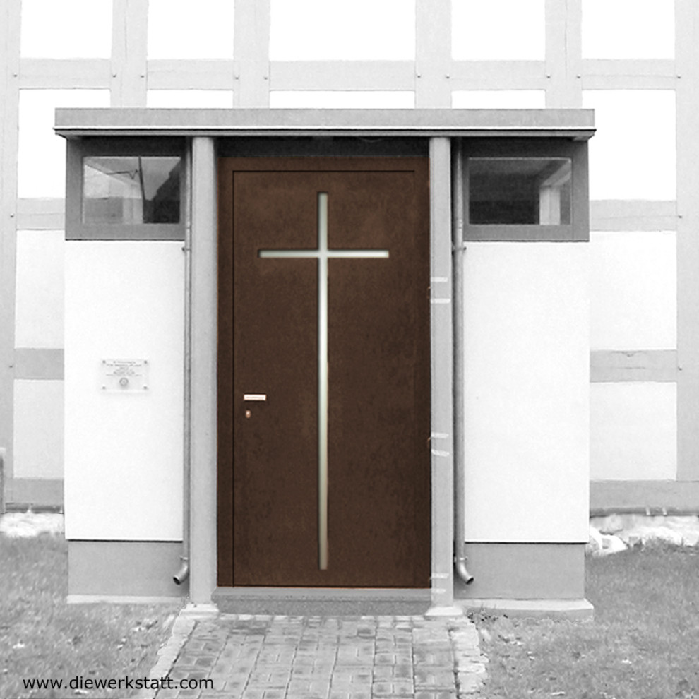 Источник вдохновения для домашнего уюта: входная дверь среднего размера в стиле модернизм с одностворчатой входной дверью и металлической входной дверью