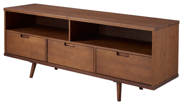 Walker Edison Furniture Company 3-Drawer Mid Century Modern Wood TV Stand for TV's up to 65 Flat Screen Cabinet Door Living Room Storage Entertainment Center 58 Inch Caramel Brown 