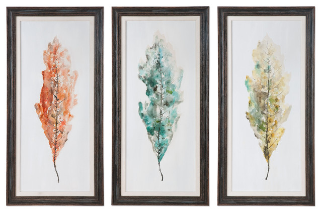 Oversize Modern 55 Colorful Oak Leaves Painting Set Wall Art 3 Piece Framed Farmhouse Paintings By My Swanky Home