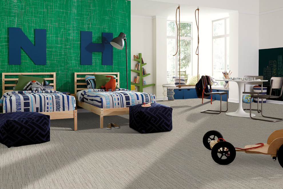 Design ideas for a large contemporary kids' bedroom for boys in Toronto with carpet, white walls and grey floor.