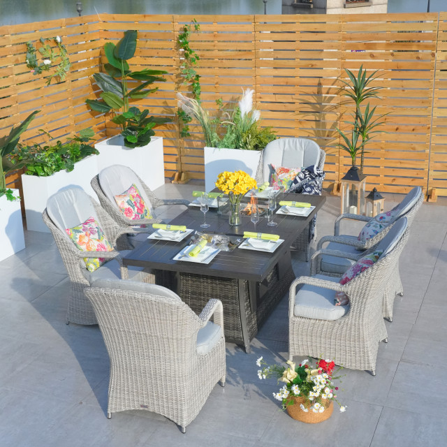 6-Seat Patio Wicker Dining Set with Firepit and Ice Container Table ...