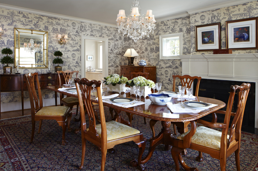 Traditional separate dining room in DC Metro with multi-coloured walls and dark hardwood floors.