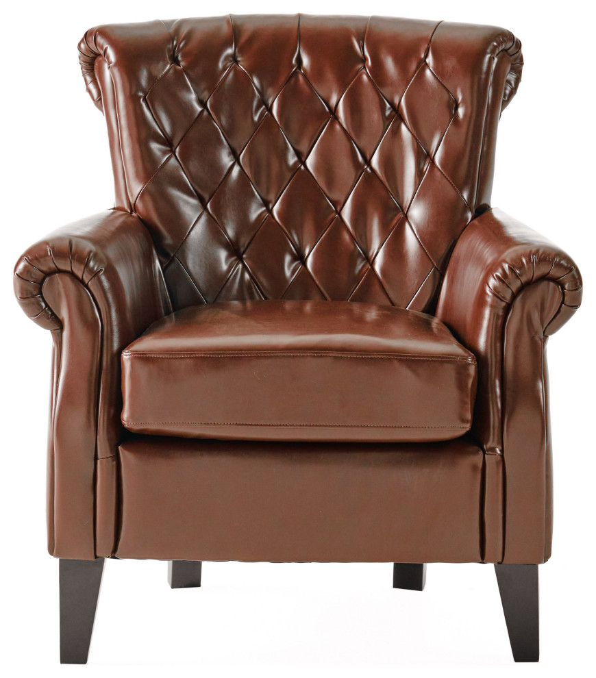 GDF Studio Tufted Leather Club Chair, Chestnut Brown and Dark Brown