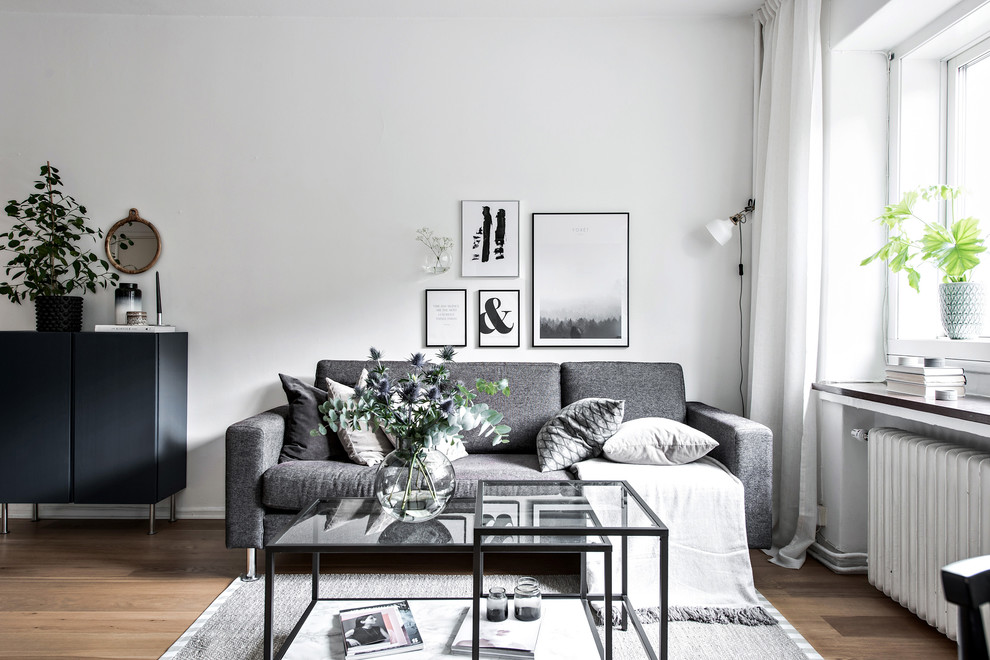 Small scandinavian enclosed living room in Gothenburg with white walls, medium hardwood floors and brown floor.
