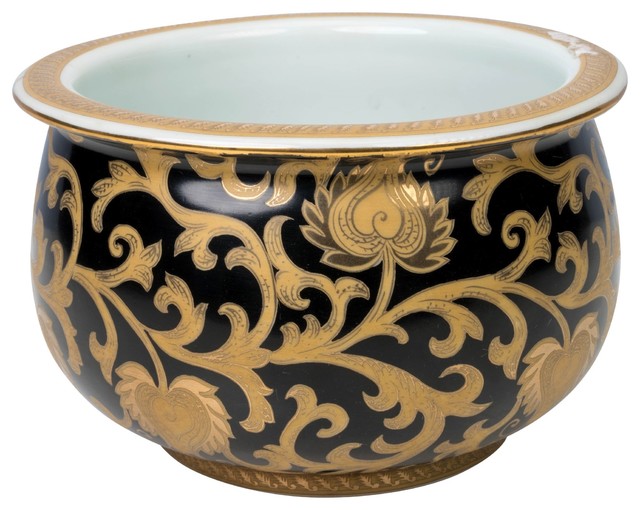 Black and Gold Tapestry Porcelain Cache Bowl, 8" Asian Decorative