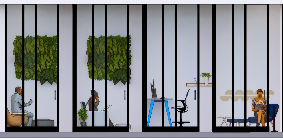 Foto di uno studio minimalista di medie dimensioni con scrivania autoportante