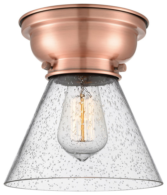 Aditi Large Cone 1 Light Flush Mount, Antique Copper, Seedy Glass