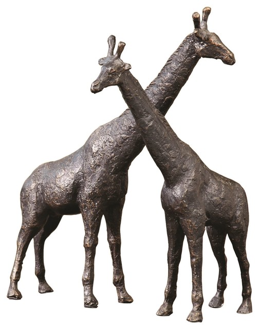 Giraffe Duo Antique Bronze Tabletop Sculptures 2 Piece Set