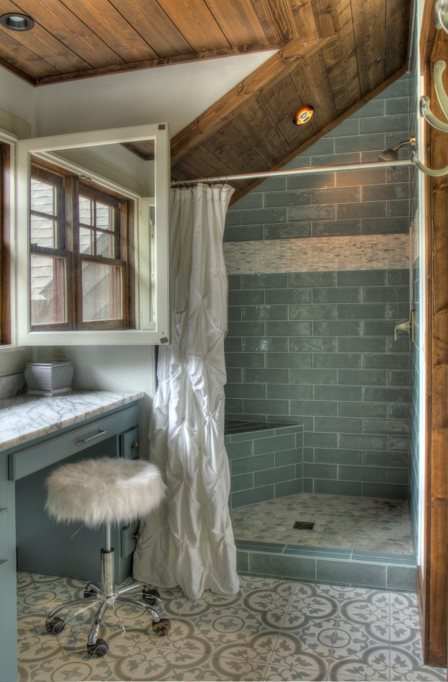 Mid-sized scandinavian 3/4 bathroom in Minneapolis with an open shower, blue tile, glass tile, white walls, ceramic floors, marble benchtops, multi-coloured floor, a shower curtain and white benchtops.