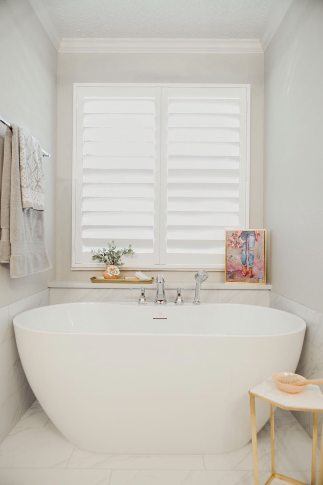 Example of a mid-sized minimalist master white tile porcelain tile and white floor freestanding bathtub design in Dallas with flat-panel cabinets, brown cabinets, white walls, quartzite countertops, a hinged shower door and white countertops