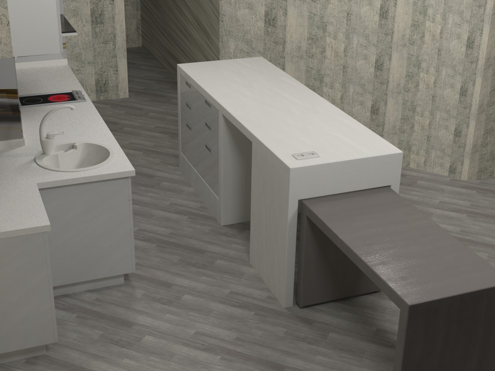 Белая акриловая кухня с барной стойкой из тамбурата