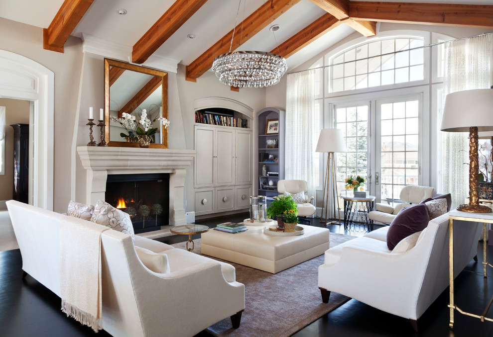 Transitional enclosed living room in Denver with dark hardwood floors, a standard fireplace and grey walls.