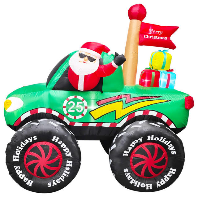 6 ft Tall Prelit Santa, Monster Truck Inflatable Modern Outdoor