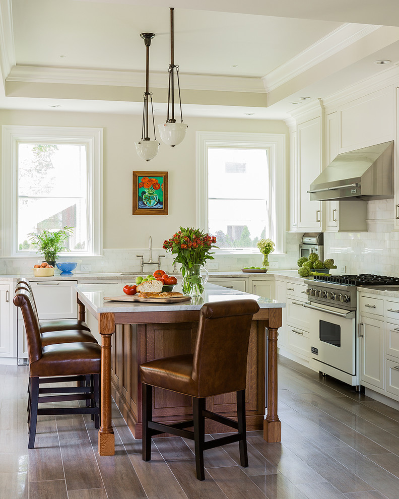 Design ideas for a traditional kitchen in Boston with subway tile splashback.