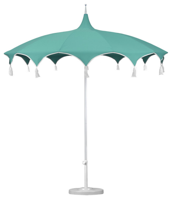 8.5' Sunbrella Playa Patio Umbrella With Tassels and 50lb. Base, Aruba