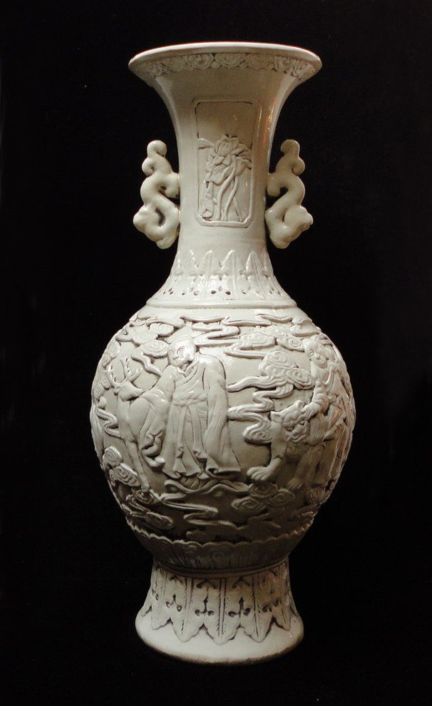 Chinese Ceramic White Lucky Animals Tall Vase