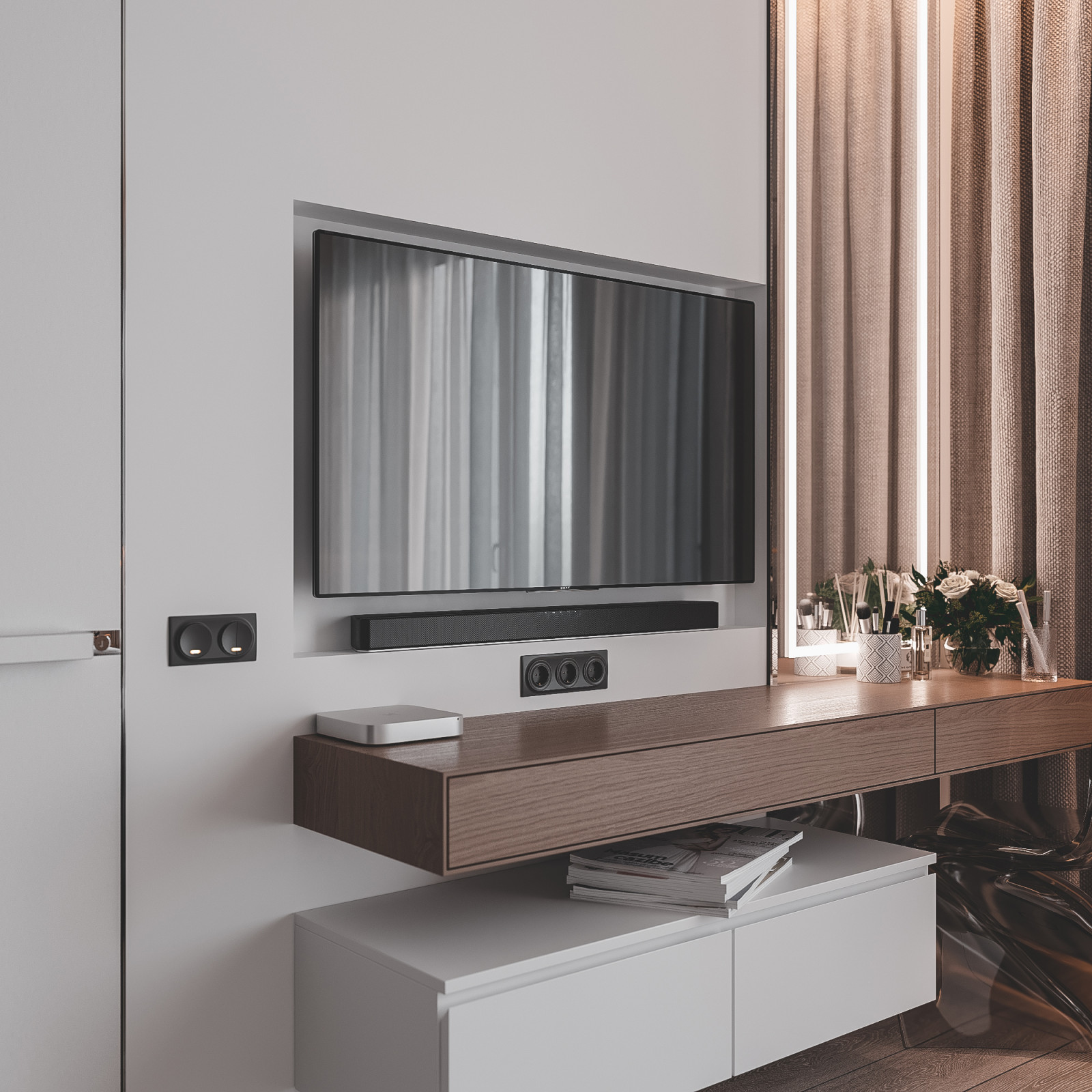 Современная светлая спальня с гардеробом