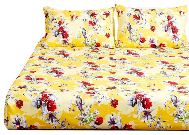 Sunshine Hummingbirds Floral Fitted Bed Sheet Set with Pillow Cases , King