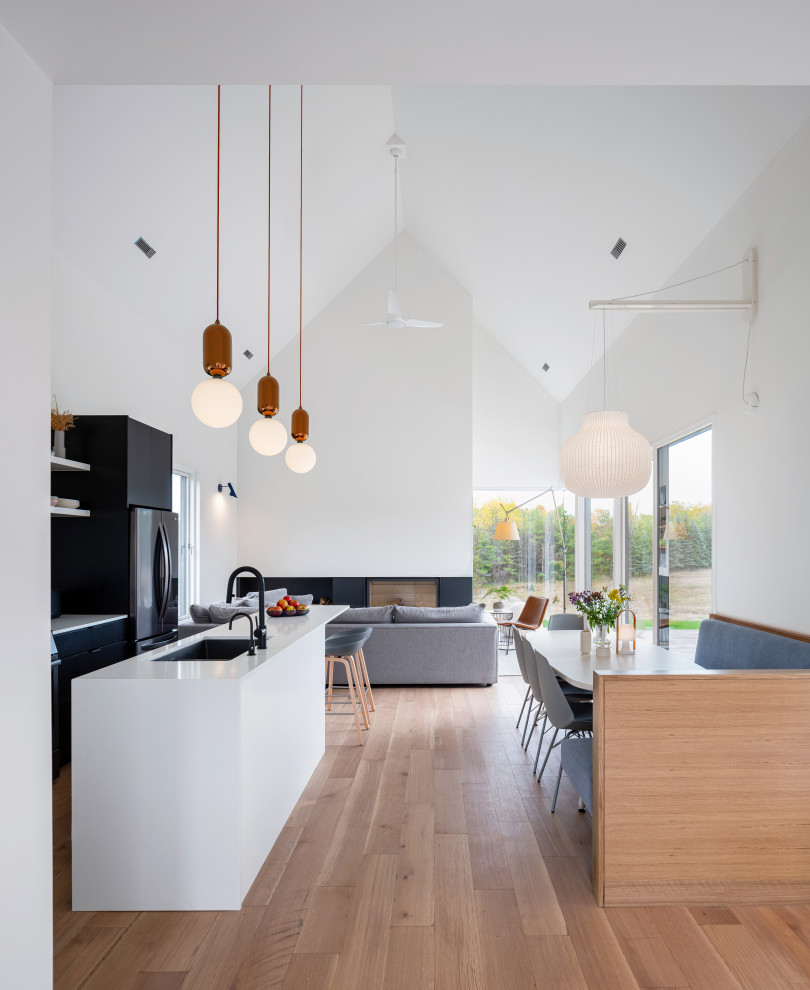 Eat-in kitchen - large modern medium tone wood floor and vaulted ceiling eat-in kitchen idea in Toronto with an undermount sink, flat-panel cabinets, black cabinets, quartz countertops, stainless steel appliances, an island and white countertops
