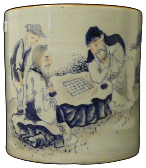 Chinese Blue & White Scenery Porcelain Brush Pot