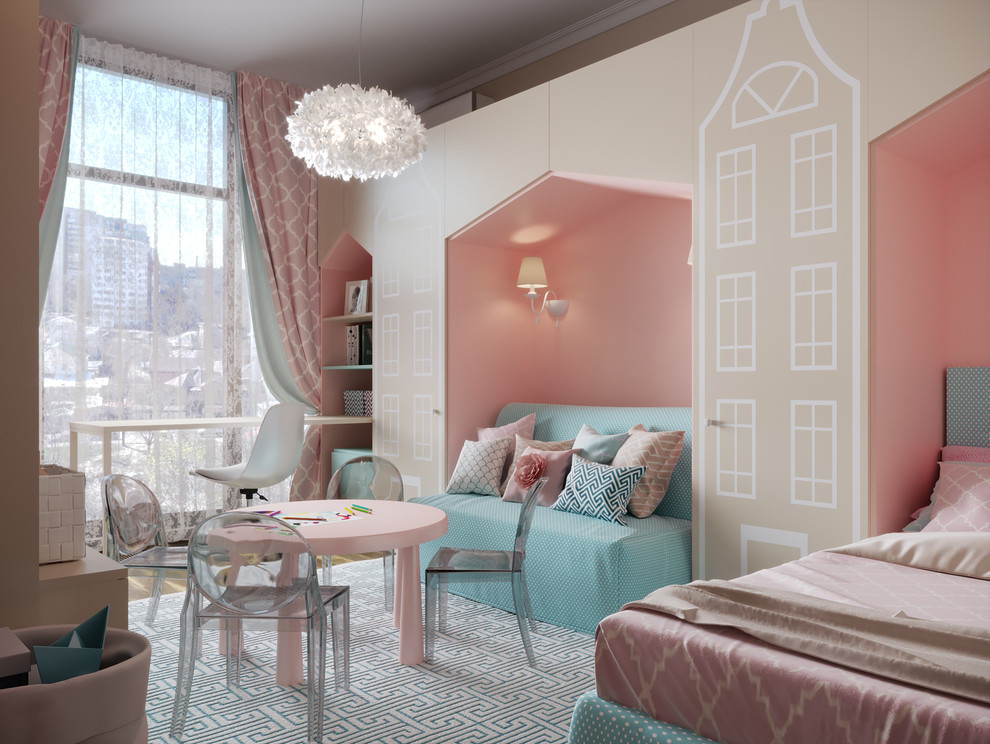 Design ideas for a mid-sized eclectic kids' room for girls in Other with pink walls and light hardwood floors.