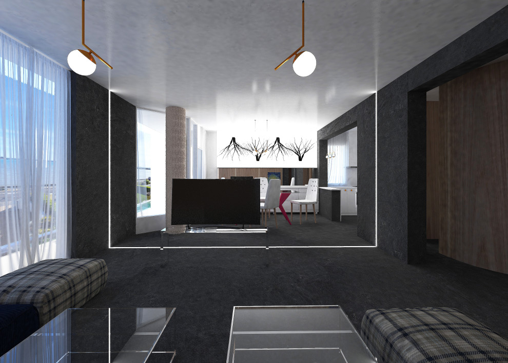 Großes, Offenes, Repräsentatives Modernes Wohnzimmer in grau-weiß ohne Kamin mit grauer Wandfarbe, grauem Boden, Keramikboden, freistehendem TV und eingelassener Decke in Dorset