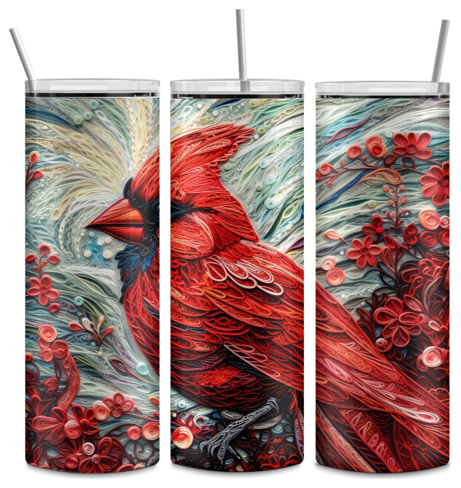 Brilliant Red Cardinal Backyard Bird 20 Oz Skinny Metal Tumbler w/Lid and Straw