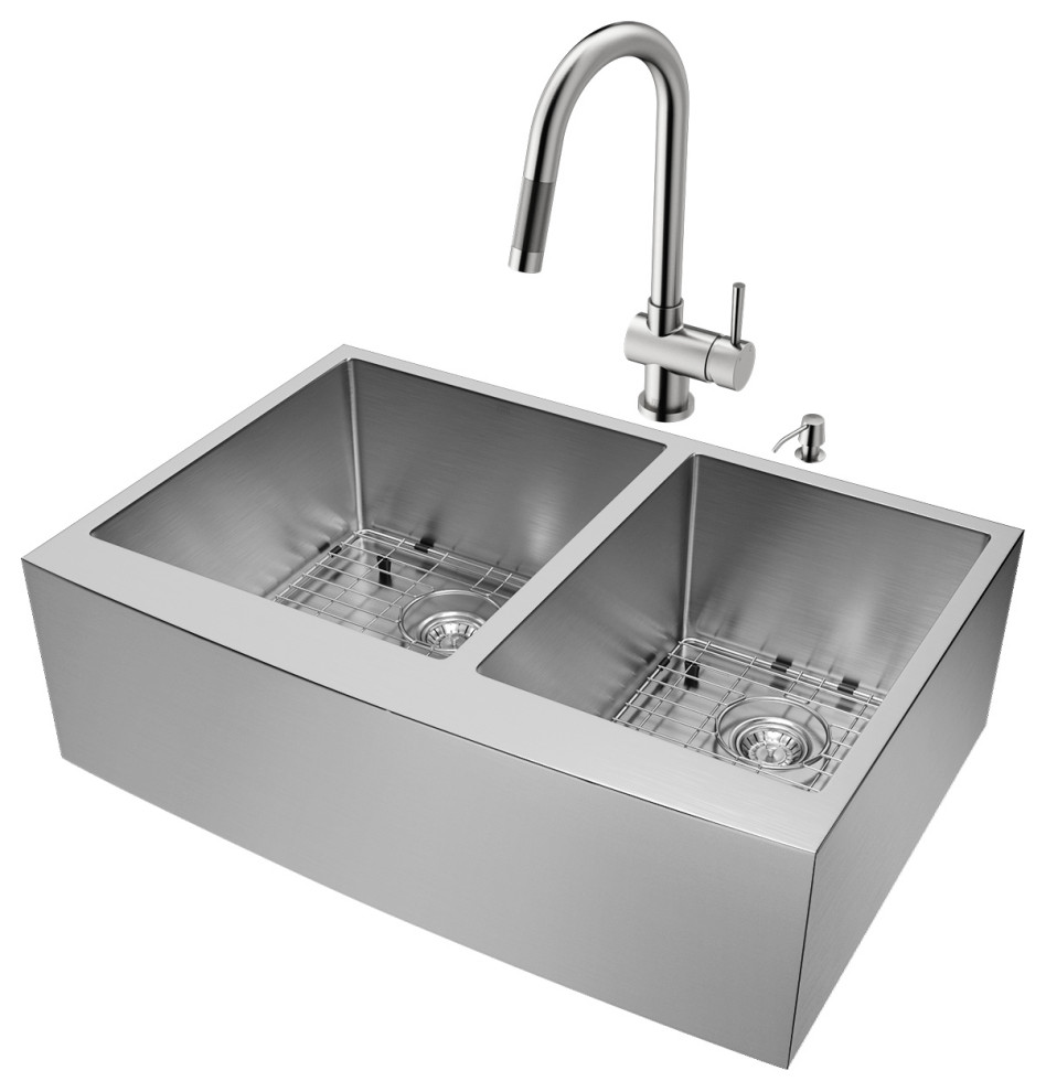 VIGO All-In-One 33" Bingham Double Bowl Farmhouse Kitchen Sink Set