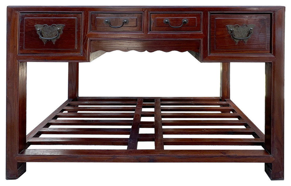 Vintage Oriental Brown 4 Drawers Writing Desk w Foot Panel Hcs7653