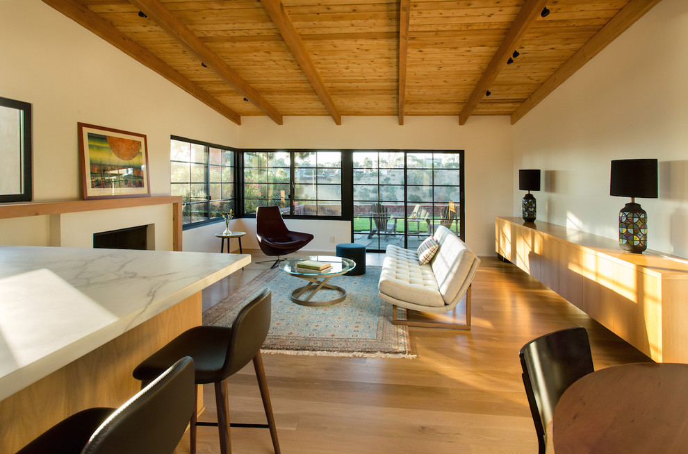 Photo of a large midcentury open concept living room in Los Angeles with white walls, light hardwood floors, a standard fireplace, a plaster fireplace surround, no tv and yellow floor.