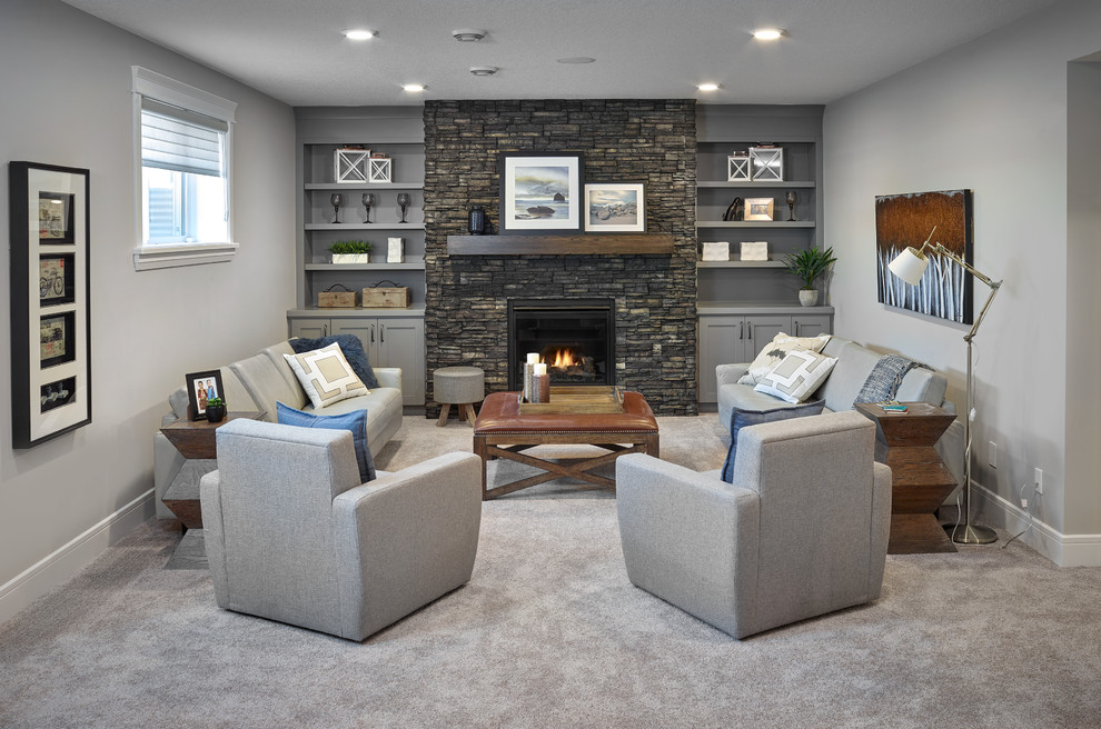 Inspiration for a large transitional open concept family room in Edmonton with grey walls, carpet, a standard fireplace, a stone fireplace surround, no tv and beige floor.
