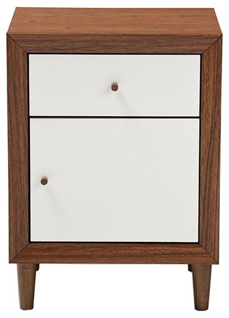 Harlow Mid Century Modern White And Walnut Wood 1 Drawer And 1 Door Nightstand Midcentury Nightstands And Bedside Tables By Fratantoni Lifestyles