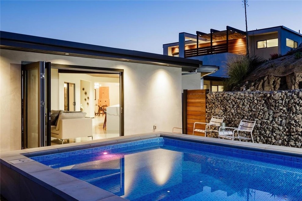 Design ideas for a small modern backyard rectangular pool in Los Angeles.