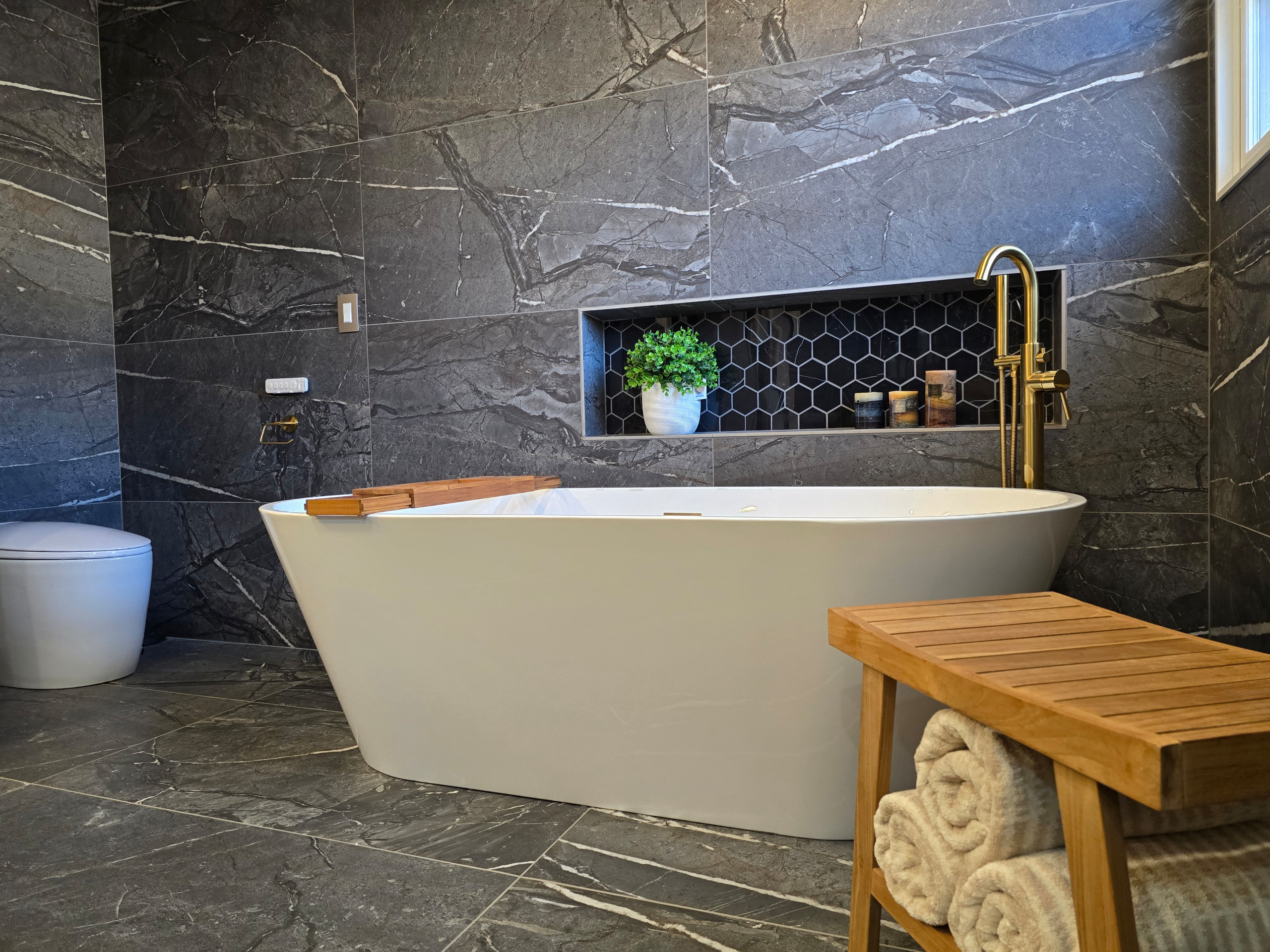 Main Bath full remodeling with custom vanity, freestanding tub & walk-in shower